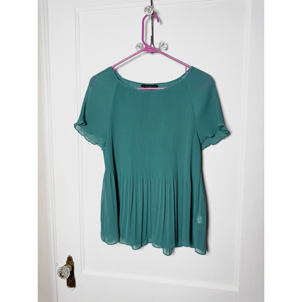 Banana Republic Green Pleated Short Sleeve Peplum Sheer Blouse Top Women's MED